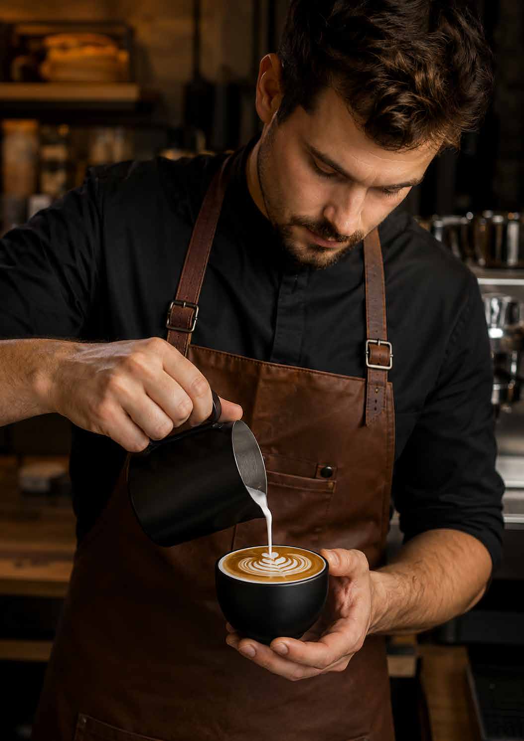 A barista pouring latte art