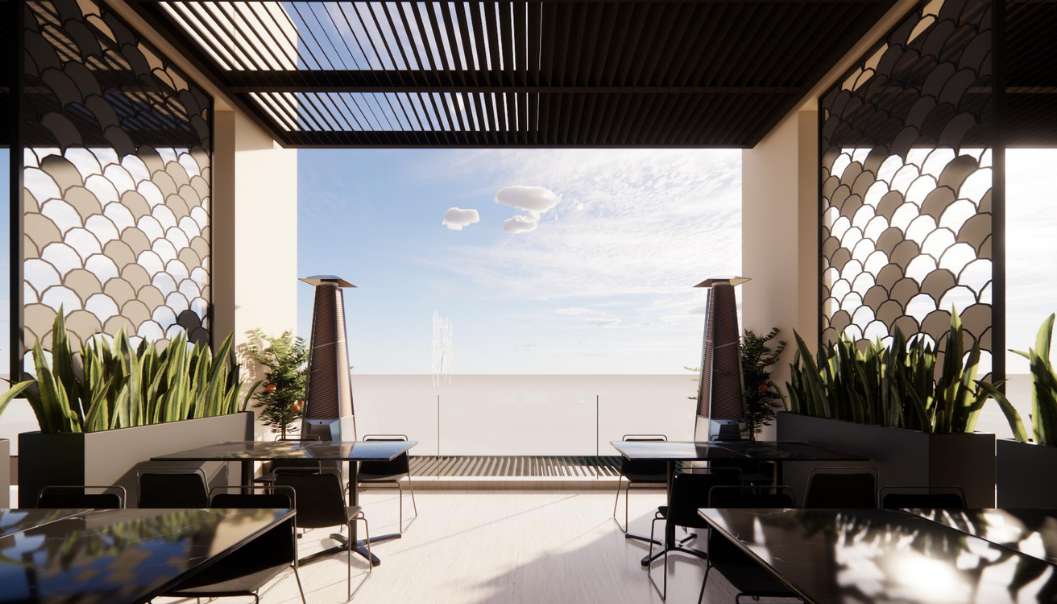 Terrace seating with screens and outdoor heaters